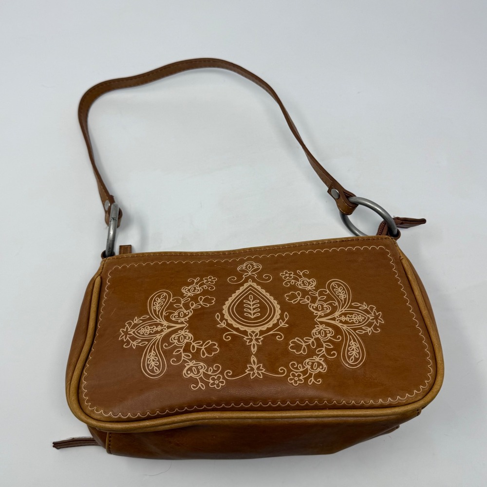 L.E.I. Vintage Y2K Brown Embroidered Paisley Baguette Shoulder Bag Cognac Boho